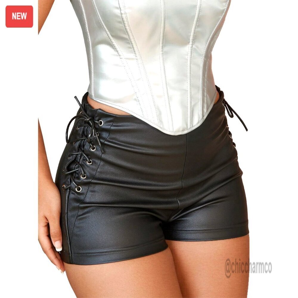 Faux Leather High Waist Booty Shorts with Lace Up Sides Stretchy Mini